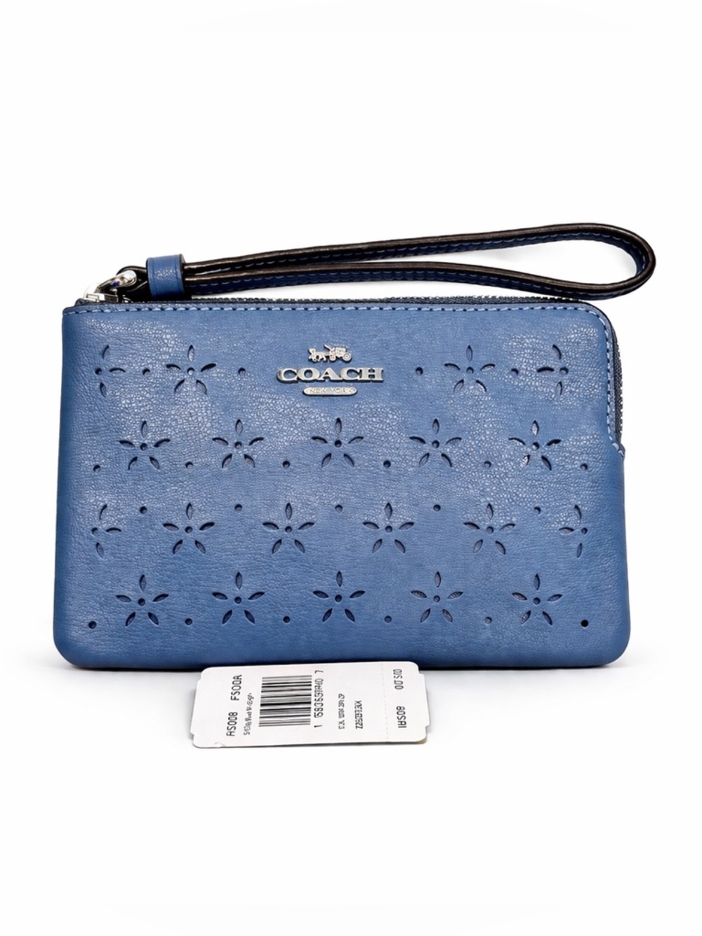 COACH Sky Blue Floral Perforated Corner Zip Wristlet NWT $98+